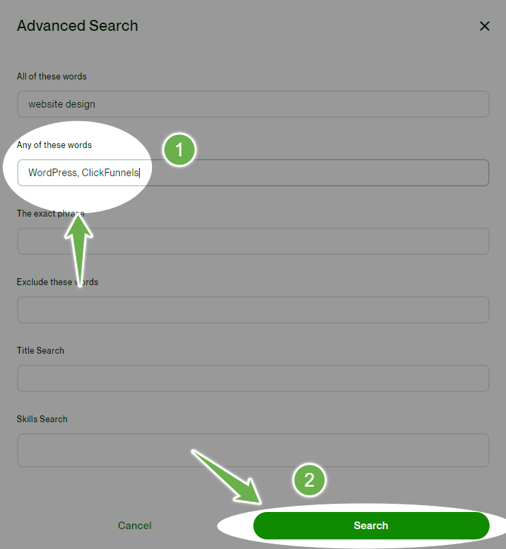 upwork Advanced Search- type any word for search