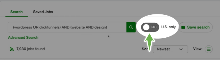 Upwork Advanced Search - Turn the U.S.-only slider off