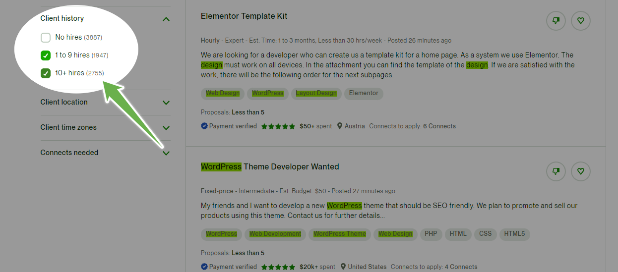 upwork - filter on check the "1–9 hires" and "10+ hires" boxes