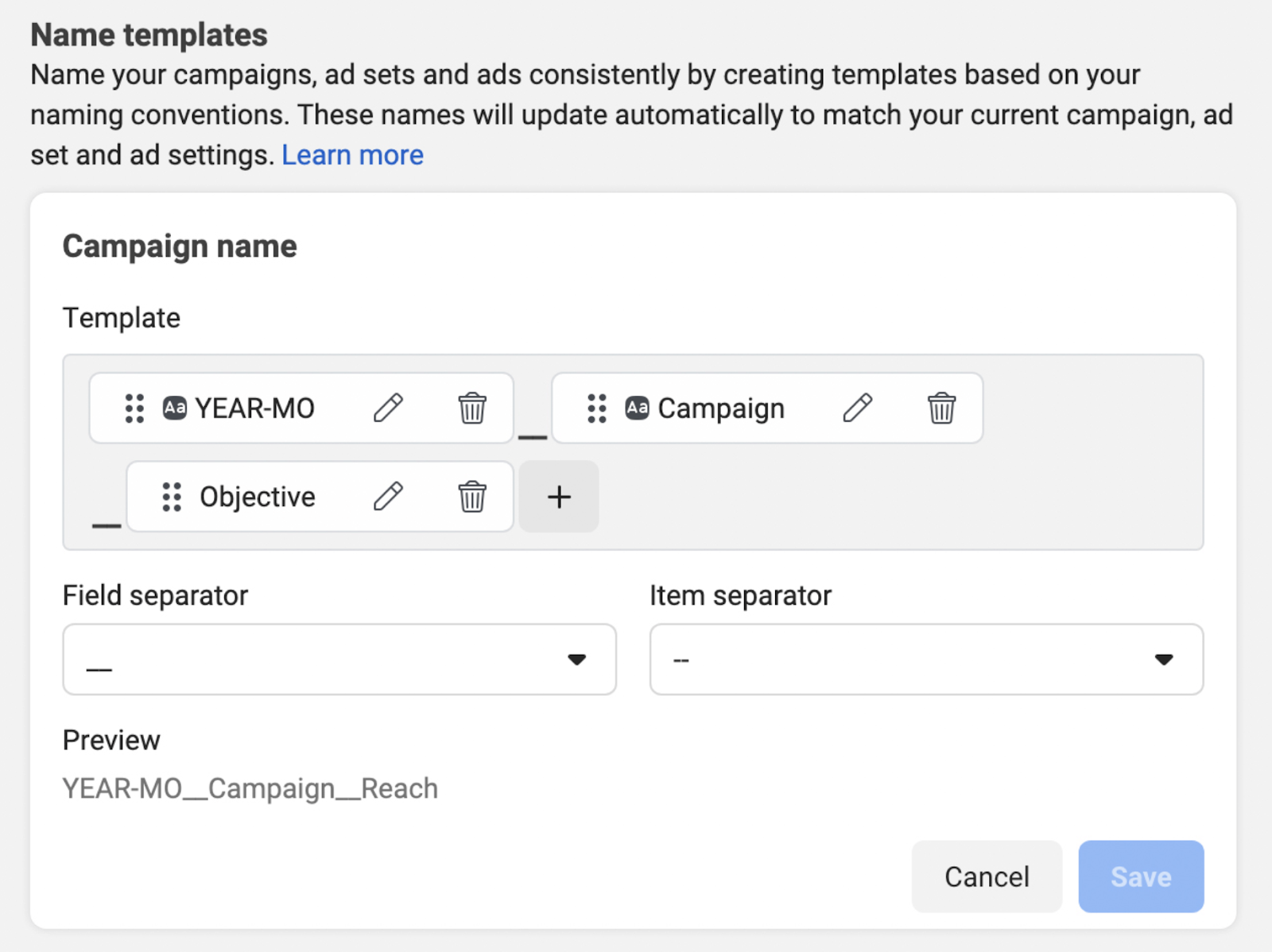 Create a template in Ads Manager for naming process 